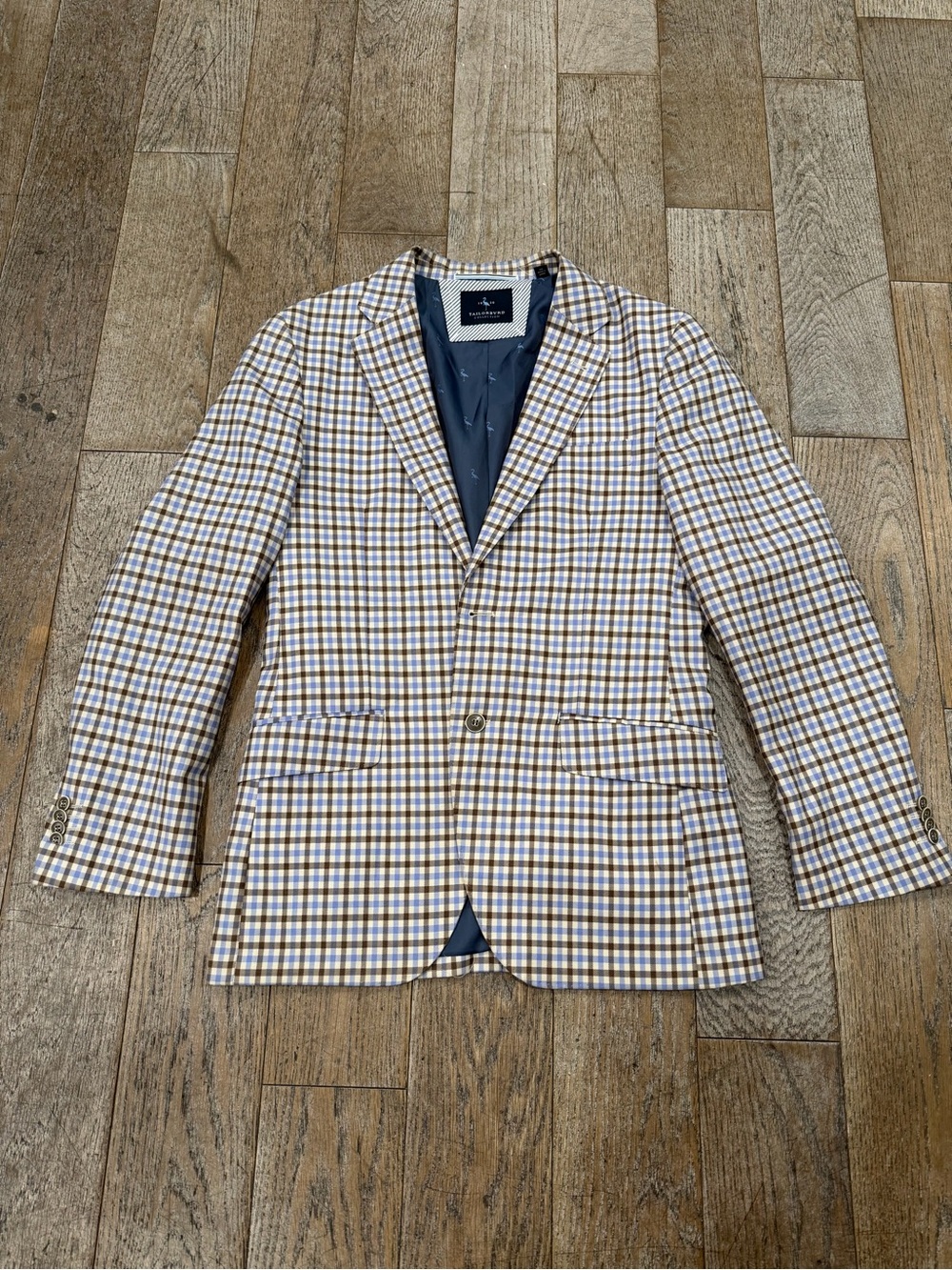 TailorByrd Men's Plaid Blazer Sport Coat 38R Brown Blue Check Wool Blend NWOT